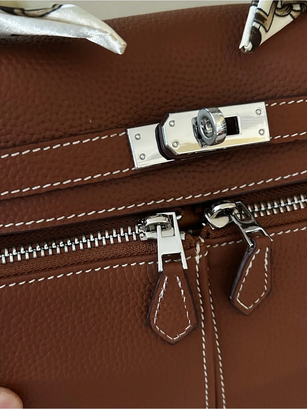 25cm Double Front Pocket Brown Leather Satchel with Scarf-Wrapped Handle